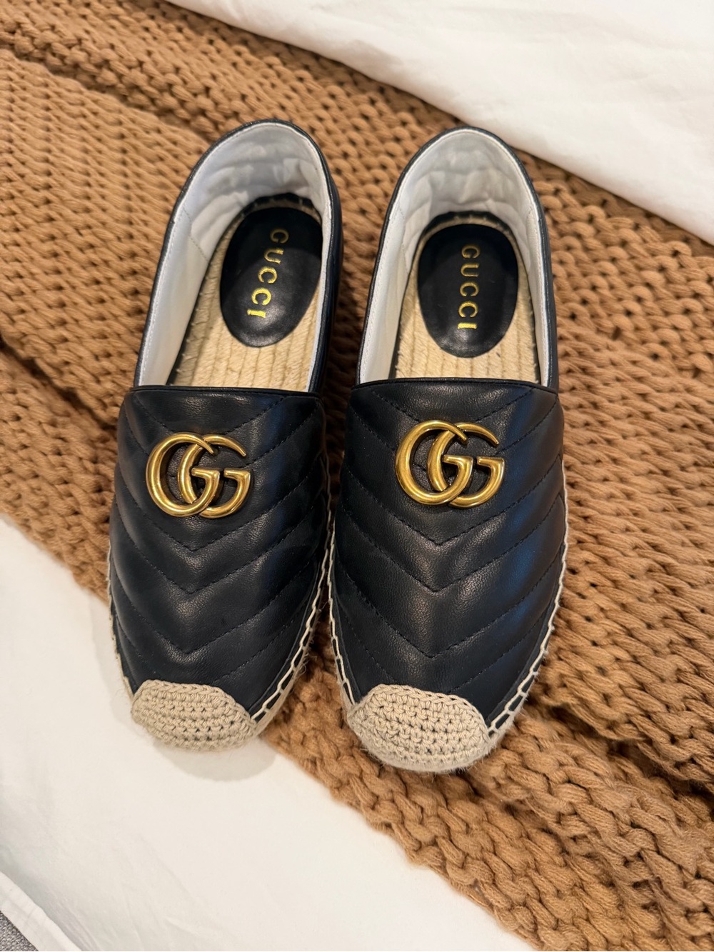 Gucci Black Quilted Leather Espadrille with Gold Double G